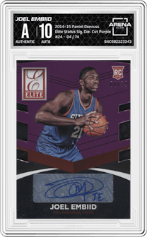 Joel Embiid from the 2014-15 Panini Donruss  set featuring a Die-Cut Purple parallel graded by Arena Club and given an overall grade of 0.