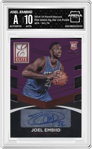 Joel Embiid from the 2014-15 Panini Donruss  set featuring a Die-Cut Purple parallel graded by Arena Club.