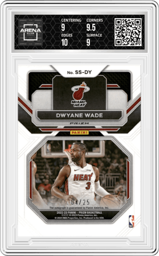 Dwyane Wade  from the 2022-23 Panini Prizm  set featuring a Mojo parallel graded by Arena Club and given an overall grade of 9.