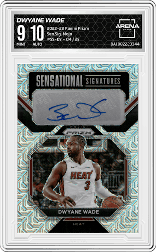 Dwyane Wade  from the 2022-23 Panini Prizm  set featuring a Mojo parallel graded by Arena Club and given an overall grade of 9.