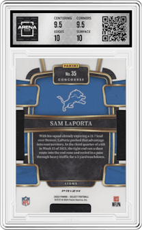 Sam LaPorta from the 2023 Panini Select set featuring a Die-Cut Silver  parallel graded by Arena Club and given an overall grade of 10.