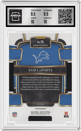 Sam LaPorta from the 2023 Panini Select set featuring a Die-Cut Silver  parallel graded by Arena Club and given an overall grade of 10.