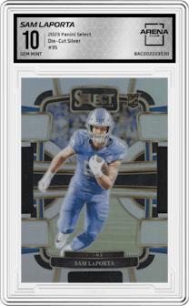 Sam LaPorta from the 2023 Panini Select set featuring a Die-Cut Silver  parallel graded by Arena Club and given an overall grade of 10.