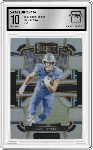 Sam LaPorta from the 2023 Panini Select set featuring a Die-Cut Silver  parallel graded by Arena Club and given an overall grade of 10.