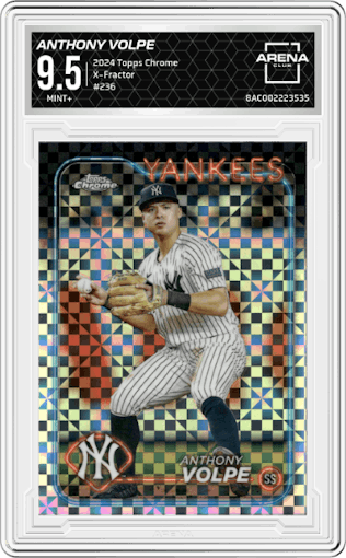 Anthony Volpe from the 2024 Topps Chrome set featuring a X-Fractor parallel graded by Arena Club and given an overall grade of 9.5.