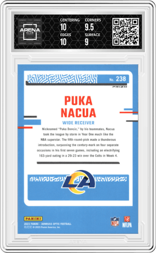 Puka Nacua from the 2023 Donruss Optic set featuring a Green Velocity parallel graded by Arena Club and given an overall grade of 9.5.