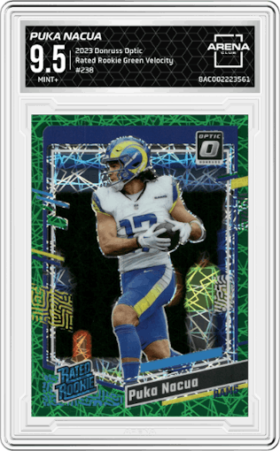 Puka Nacua from the 2023 Donruss Optic set featuring a Green Velocity parallel graded by Arena Club and given an overall grade of 9.5.