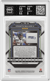 Kenneth Walker III from the 2022 Panini Chronicles set featuring a Silver parallel graded by Arena Club and given an overall grade of 9.5.