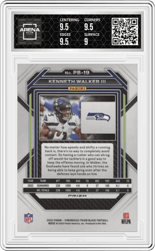 Kenneth Walker III from the 2022 Panini Chronicles set featuring a Silver parallel graded by Arena Club and given an overall grade of 9.5.