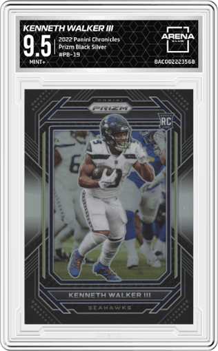 Kenneth Walker III from the 2022 Panini Chronicles set featuring a Silver parallel graded by Arena Club and given an overall grade of 9.5.