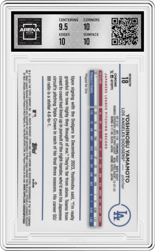 Yoshinobu Yamamoto from the 2024 Topps Chrome set featuring a Refractor parallel graded by Arena Club and given an overall grade of 10.