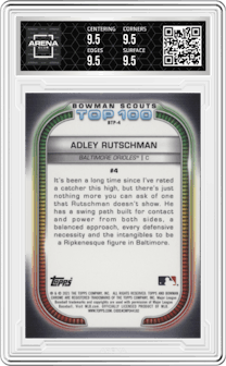 Adley Rutschman from the 2021 Bowman set graded by Arena Club and given an overall grade of 9.5.
