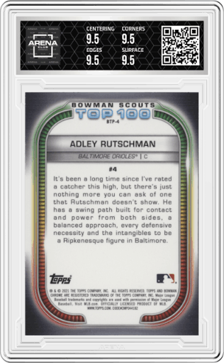 Adley Rutschman from the 2021 Bowman set graded by Arena Club and given an overall grade of 9.5.