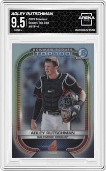 Adley Rutschman from the 2021 Bowman set graded by Arena Club and given an overall grade of 9.5.