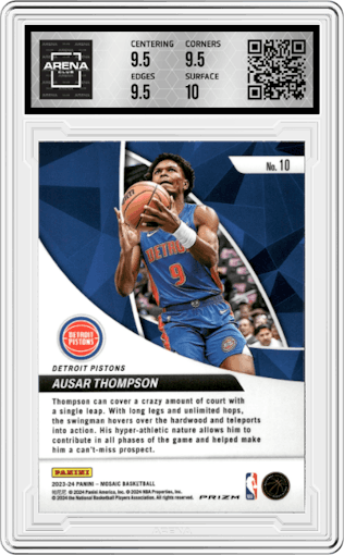 Ausar Thompson from the 2023-24 Panini Mosaic set featuring a Green Mosaic parallel graded by Arena Club and given an overall grade of 10.