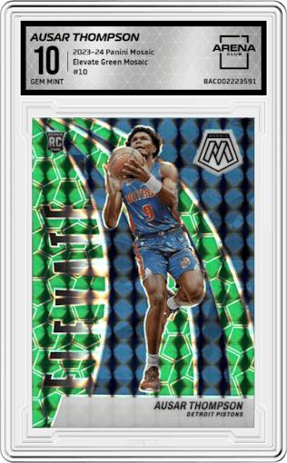 Ausar Thompson from the 2023-24 Panini Mosaic set featuring a Green Mosaic parallel graded by Arena Club and given an overall grade of 10.