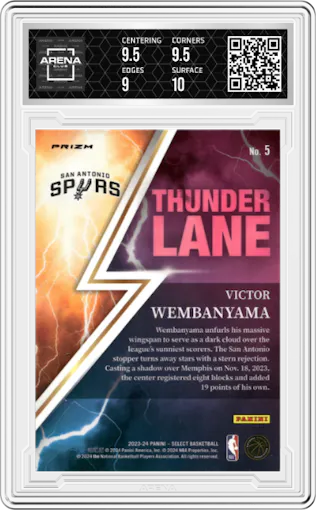 Victor Wembanyama from the 2023-24 Panini Select  set featuring a Green Prizm parallel graded by Arena Club and given an overall grade of 9.5.