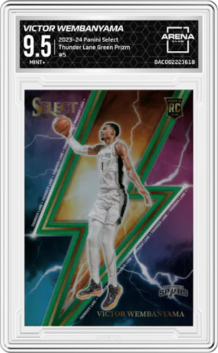 Victor Wembanyama from the 2023-24 Panini Select  set featuring a Green Prizm parallel graded by Arena Club and given an overall grade of 9.5.