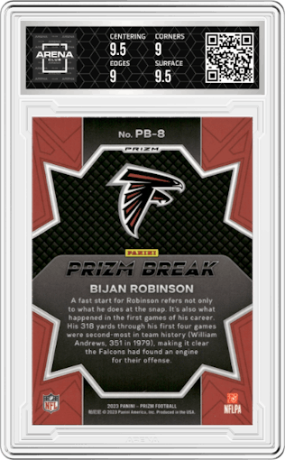 Bijan Robinson from the 2023 Panini Prizm set featuring a Green Prizm parallel graded by Arena Club and given an overall grade of 9.5.