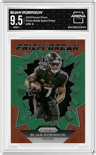 Bijan Robinson from the 2023 Panini Prizm set featuring a Green Prizm parallel graded by Arena Club and given an overall grade of 9.5.