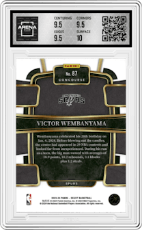 Victor Wembanyama from the 2023-24 Panini Select  set featuring a Blue Retail parallel graded by Arena Club and given an overall grade of 10.