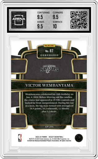 Victor Wembanyama from the 2023-24 Panini Select  set featuring a Blue Retail parallel graded by Arena Club and given an overall grade of 10.