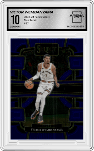 Victor Wembanyama from the 2023-24 Panini Select  set featuring a Blue Retail parallel graded by Arena Club and given an overall grade of 10.