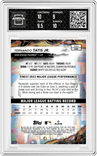 Fernando Tatis Jr.  from the 2024 Topps Finest set featuring a Green Refractor parallel graded by Arena Club and given an overall grade of 9.5.