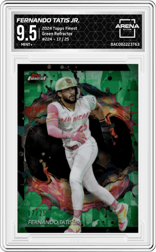 Fernando Tatis Jr.  from the 2024 Topps Finest set featuring a Green Refractor parallel graded by Arena Club and given an overall grade of 9.5.