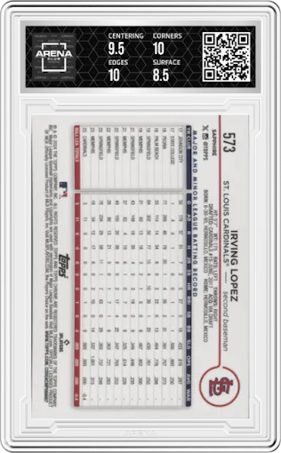 Irving Lopez from the 2024 Topps Chrome Sapphire set featuring a Black Sapphire parallel graded by Arena Club and given an overall grade of 9.