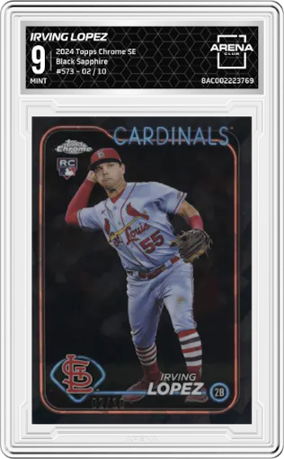 Irving Lopez from the 2024 Topps Chrome Sapphire set featuring a Black Sapphire parallel graded by Arena Club and given an overall grade of 9.