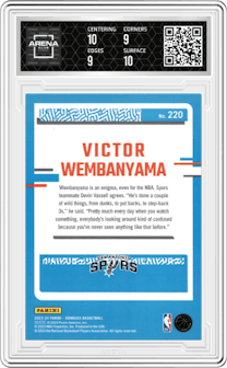 Victor Wembanyama from the 2023-24 Panini Donruss set featuring a Red parallel graded by Arena Club and given an overall grade of 9.5.