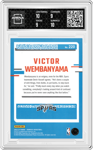 Victor Wembanyama from the 2023-24 Panini Donruss set featuring a Red parallel graded by Arena Club and given an overall grade of 9.5.