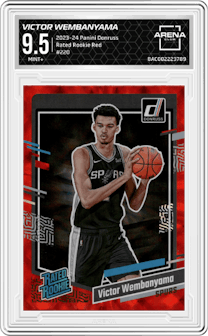 Victor Wembanyama from the 2023-24 Panini Donruss set featuring a Red parallel graded by Arena Club and given an overall grade of 9.5.
