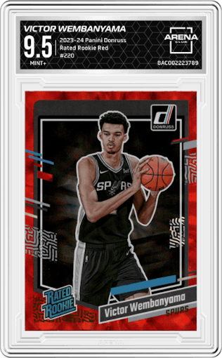 Victor Wembanyama from the 2023-24 Panini Donruss set featuring a Red parallel graded by Arena Club and given an overall grade of 9.5.
