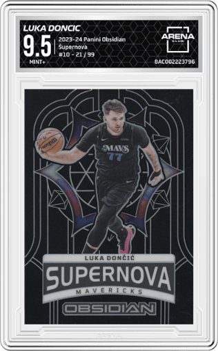 Luka Doncic from the 2023-24 Panini Obsidian set graded by Arena Club and given an overall grade of 9.5.