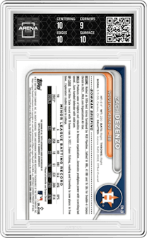 Zach Dezenzo from the 2024 Bowman Chrome set featuring a Orange Lava Refractor parallel graded by Arena Club and given an overall grade of 9.5.