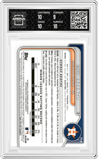 Zach Dezenzo from the 2024 Bowman Chrome set featuring a Orange Lava Refractor parallel graded by Arena Club and given an overall grade of 9.5.