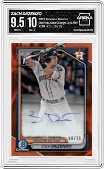 Zach Dezenzo from the 2024 Bowman Chrome set featuring a Orange Lava Refractor parallel graded by Arena Club and given an overall grade of 9.5.