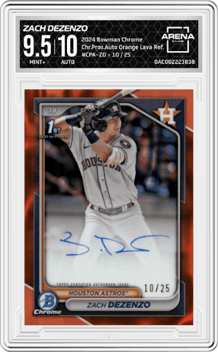 Zach Dezenzo from the 2024 Bowman Chrome set featuring a Orange Lava Refractor parallel graded by Arena Club and given an overall grade of 9.5.