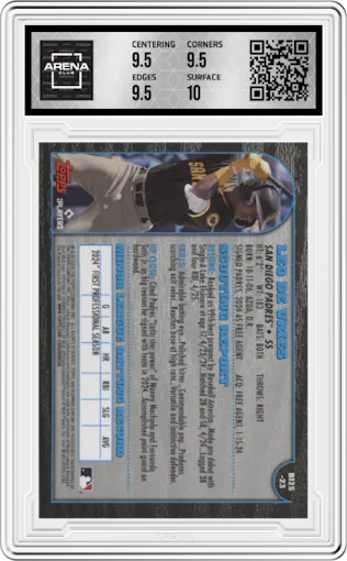 Leo De Vries from the 2024 Bowman Chrome set graded by Arena Club and given an overall grade of 10.