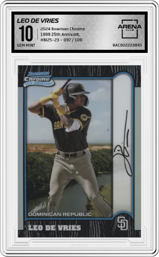 Leo De Vries from the 2024 Bowman Chrome set graded by Arena Club and given an overall grade of 10.