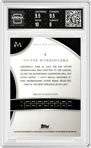 Victor Wembanyama from the 2023-24 Topps Mercury set featuring a Texas Kaleidoscope Refractors parallel graded by Arena Club and given an overall grade of 8.5.