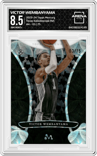 Victor Wembanyama from the 2023-24 Topps Mercury set featuring a Texas Kaleidoscope Refractors parallel graded by Arena Club and given an overall grade of 8.5.