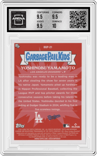 Dodging Yamamoto from the 2024 Bowman Chrome set graded by Arena Club and given an overall grade of 10.