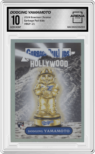 Dodging Yamamoto from the 2024 Bowman Chrome set graded by Arena Club and given an overall grade of 10.