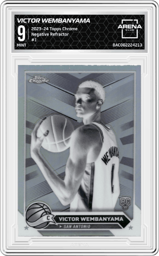 Victor Wembanyama from the 2023-24 Topps Chrome set featuring a Negative Refractor parallel graded by Arena Club and given an overall grade of 9.
