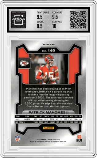 Patrick Mahomes II from the 2023 Panini Prizm set featuring a Red Sparkle Prizm parallel graded by Arena Club and given an overall grade of 10.