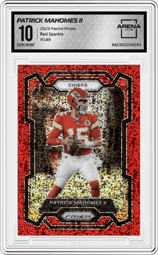 Patrick Mahomes II from the 2023 Panini Prizm set featuring a Red Sparkle Prizm parallel graded by Arena Club and given an overall grade of 10.