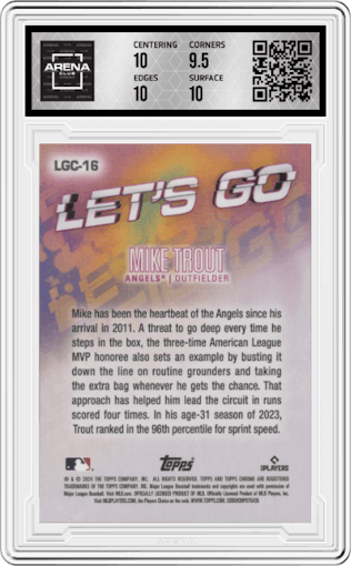 Mike Trout from the 2024 Topps Finest set graded by Arena Club and given an overall grade of 10.